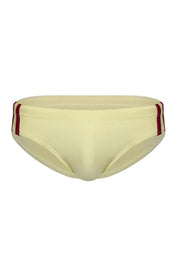 Yellow men's swim brief with red side stripes, front view on white background