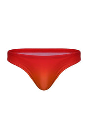 Men’s low-rise swim brief in gradient red and orange sunrise color, front view
