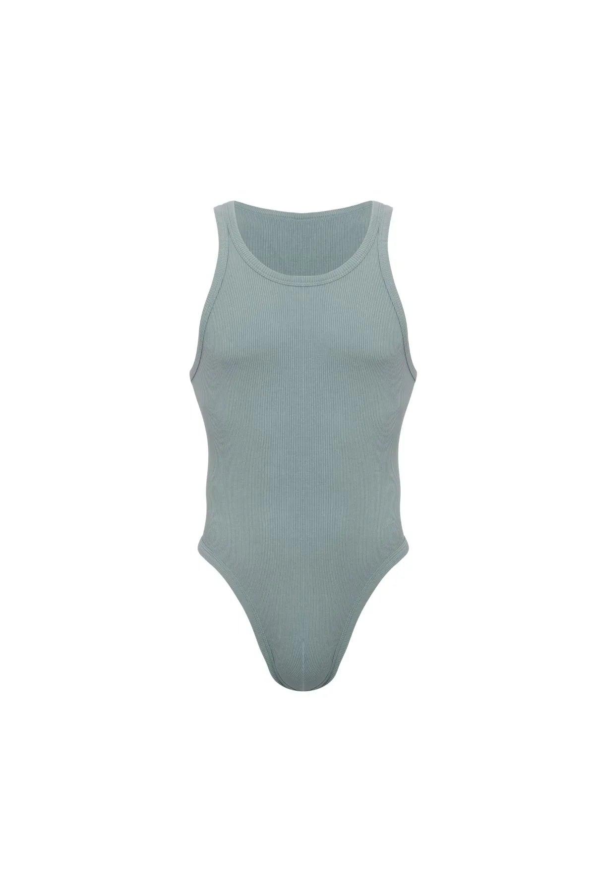 Grey sage ribbed bodysuit with high-cut legs and tank top style, front view