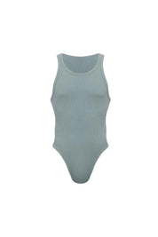 Grey sage ribbed bodysuit with high-cut legs and tank top style, front view