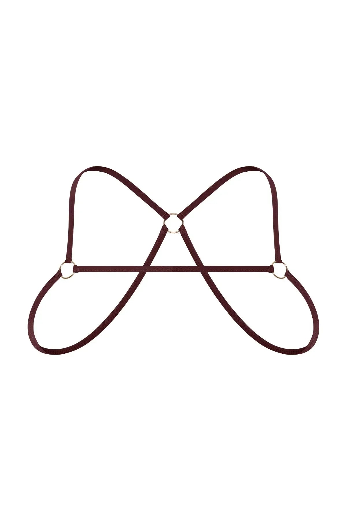 Bronze chest harness with minimalist straps and gold metal rings on white background