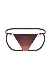 Bronze mesh men's jockstrap with double waistband and gold rings, front view