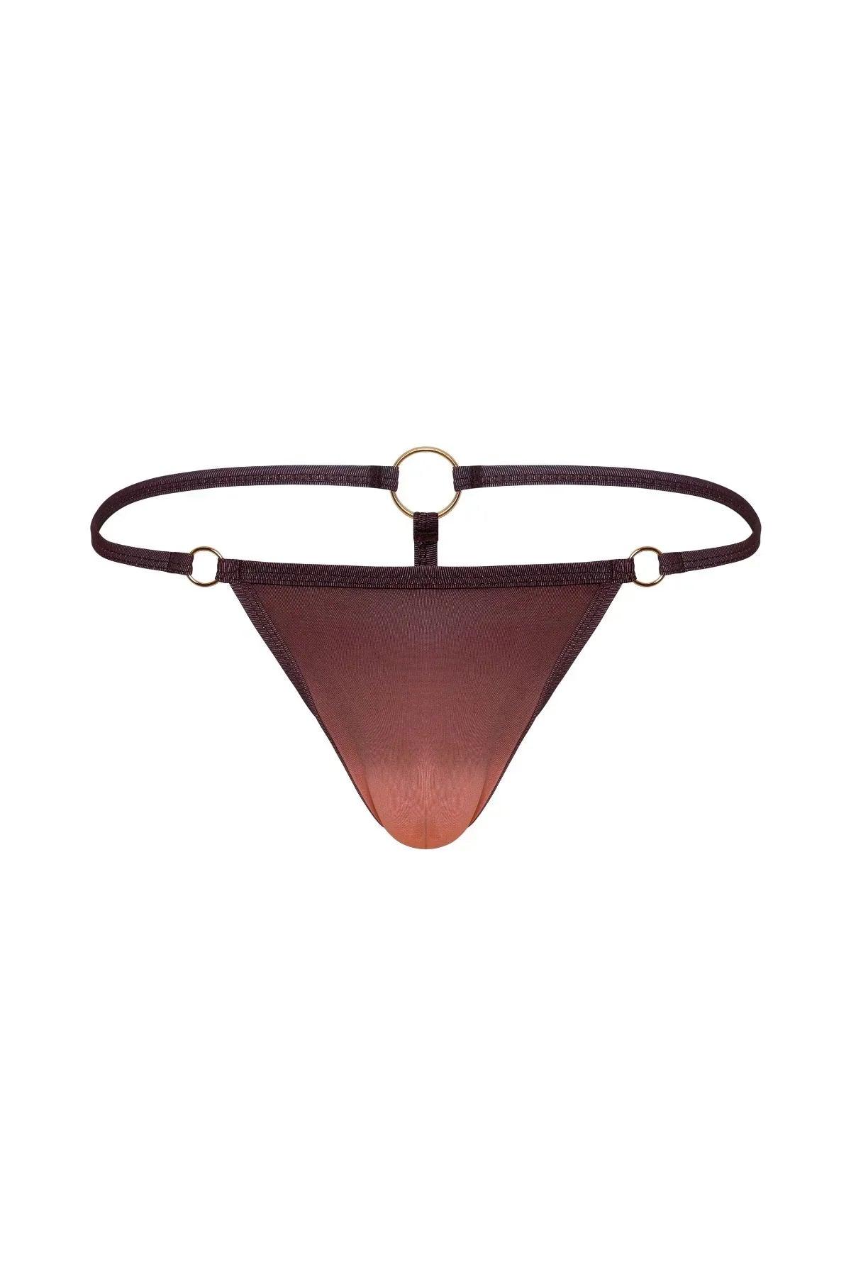 Men's bronze thong underwear with sheer fabric and gold ring hardware on a white background