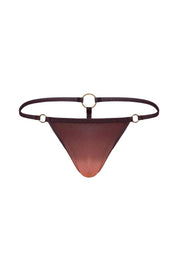 Men's bronze thong underwear with sheer fabric and gold ring hardware on a white background