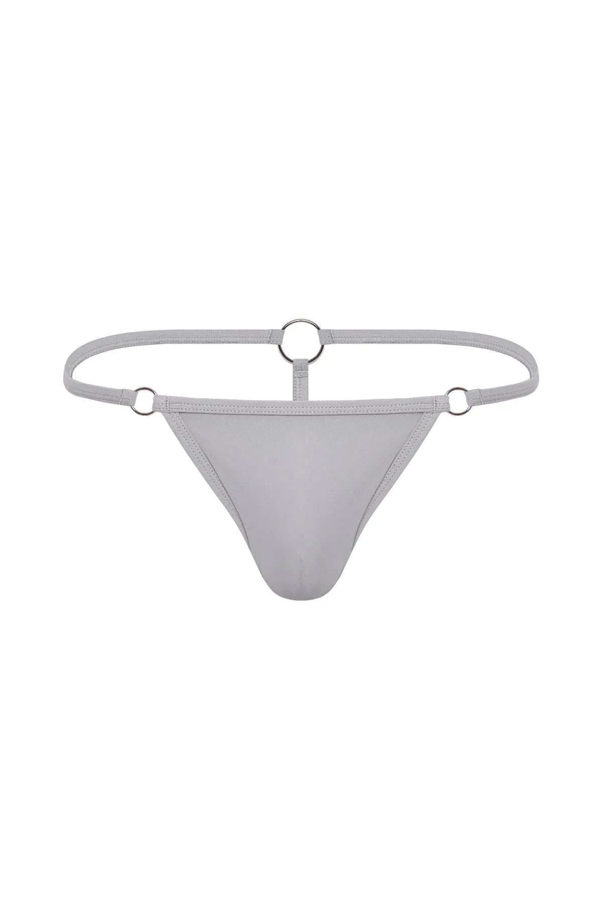 Steel grey men's thong with metal ring accents and minimalist design, front view