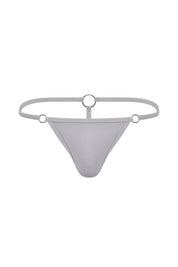 Steel grey men's thong with metal ring accents and minimalist design, front view