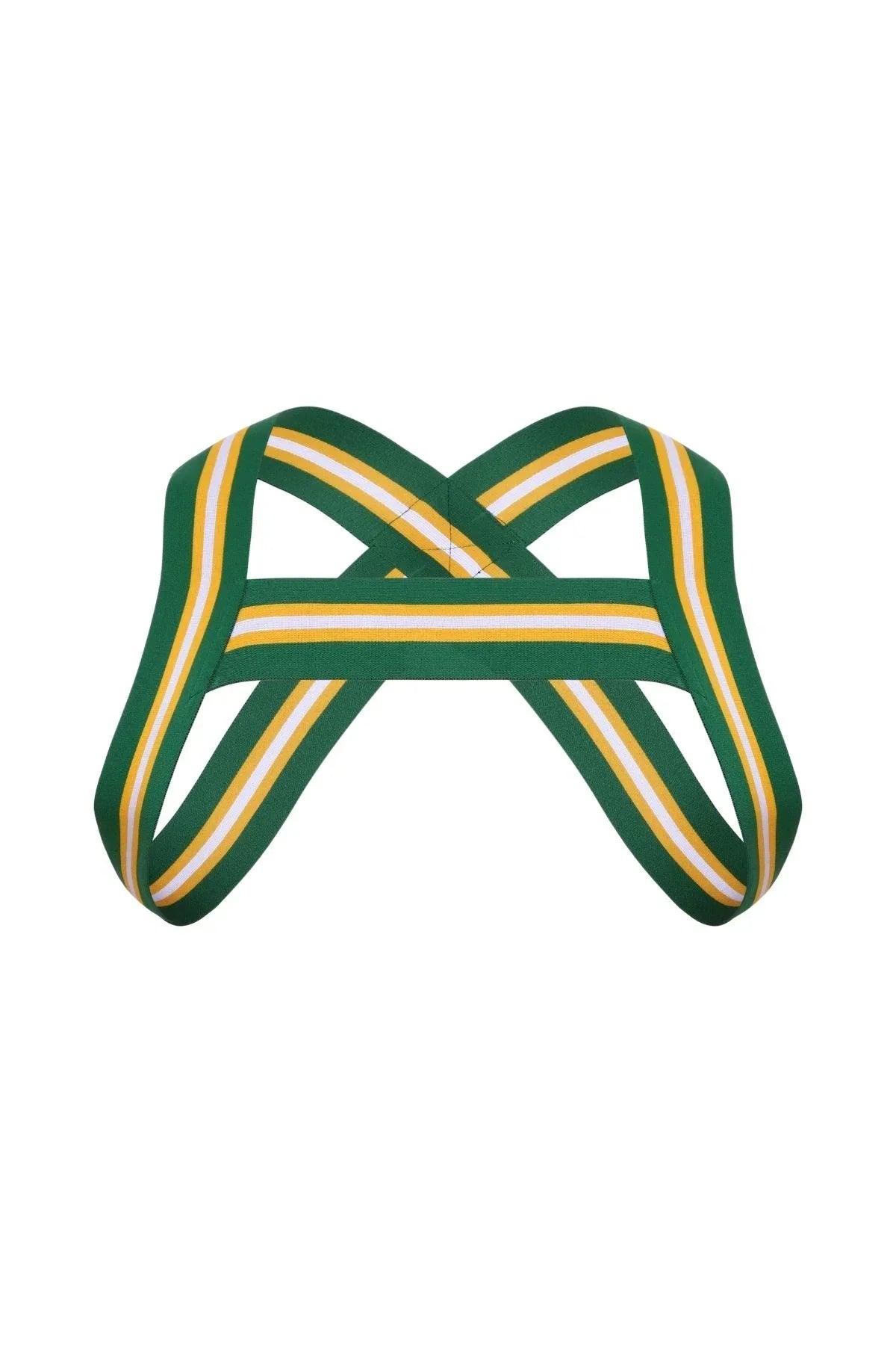 Hunter green harness with yellow and white stripes, sporty elastic chest accessory