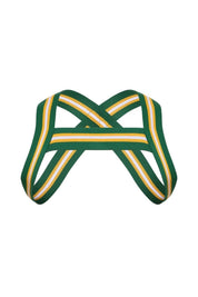 Hunter green harness with yellow and white stripes, sporty elastic chest accessory