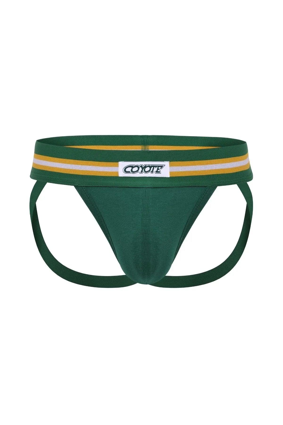 Hunter green men's jockstrap with gold and white waistband and logo patch, athletic underwear