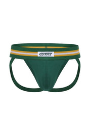 Hunter green men's jockstrap with gold and white waistband and logo patch, athletic underwear