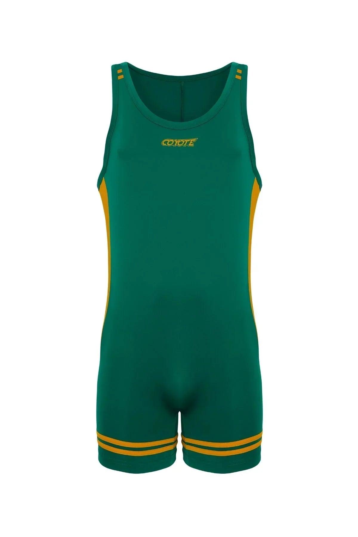 Hunter green men's singlet with yellow accents and sporty design, front view