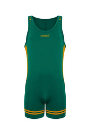 Hunter green men's singlet with yellow accents and sporty design, front view