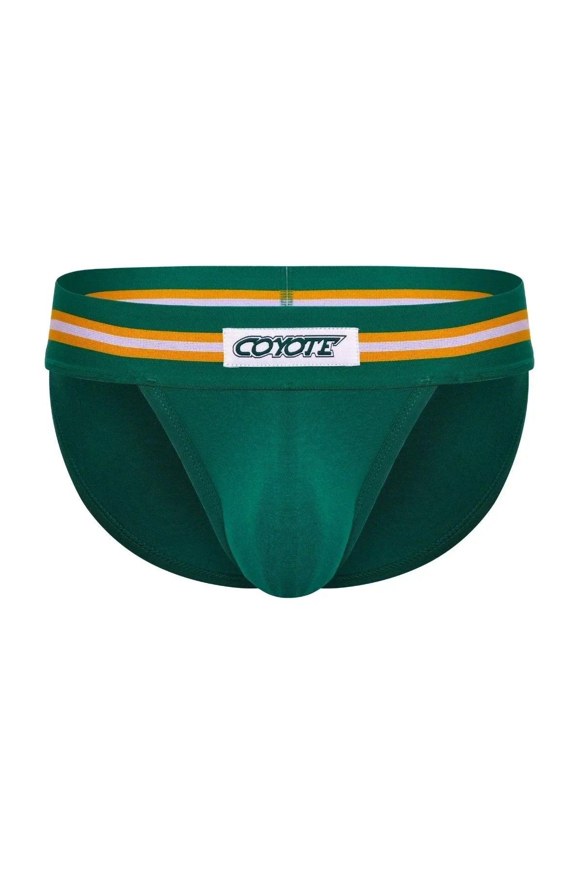 Hunter green men's sport brief with yellow and white striped waistband and front logo patch
