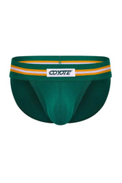 Hunter green men's sport brief with yellow and white striped waistband and front logo patch