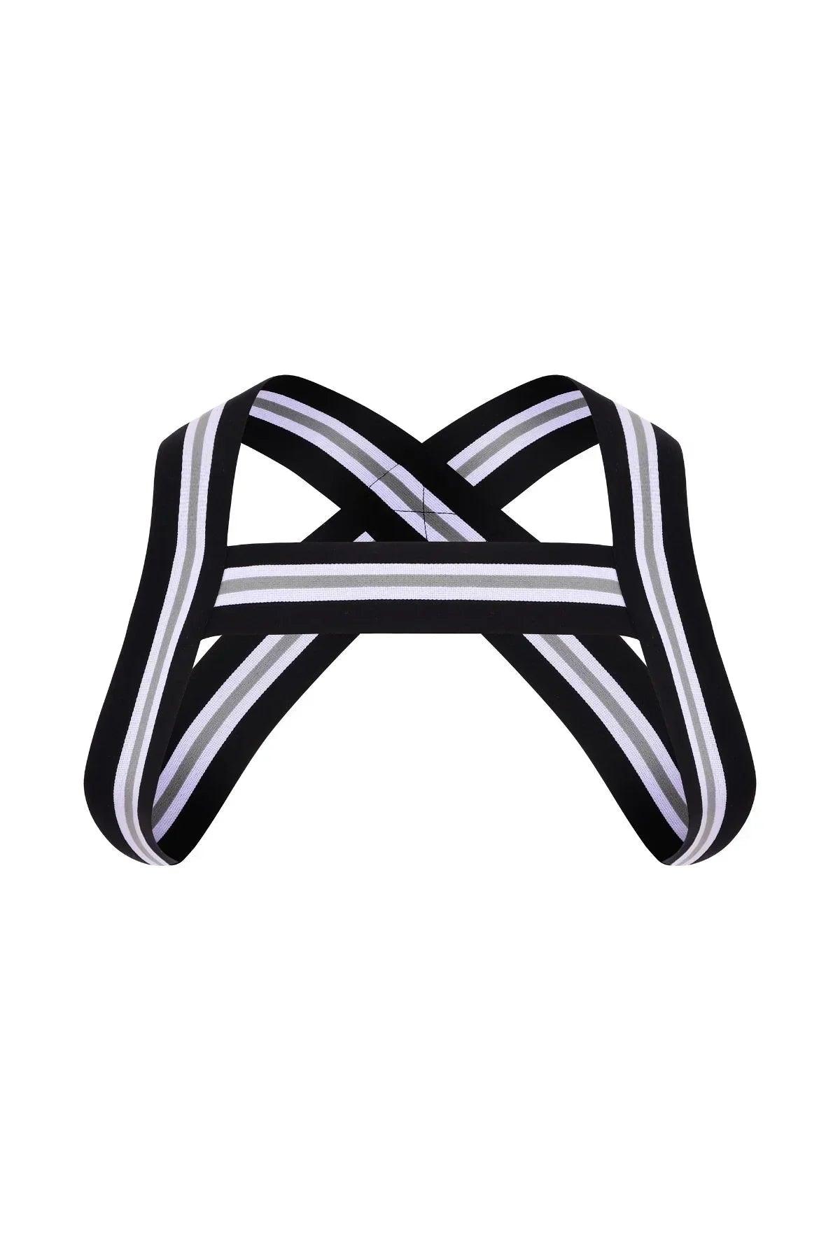 Jet black elastic harness with white and gray stripes, crossed strap design, isolated on white background