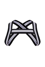 Jet black elastic harness with white and gray stripes, crossed strap design, isolated on white background