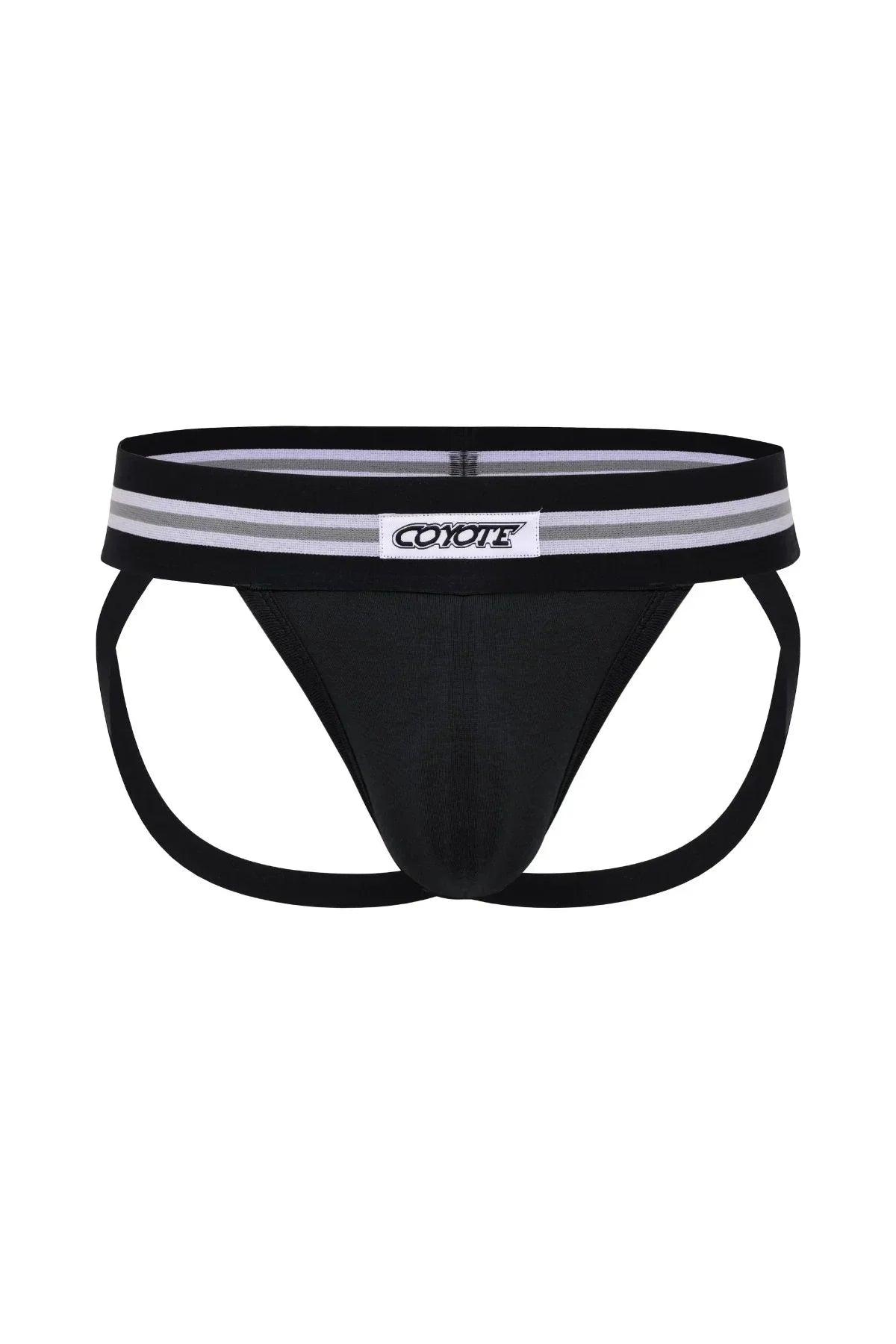 Black men's jockstrap underwear with sporty waistband and open back design on white background