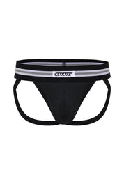 Black men's jockstrap underwear with sporty waistband and open back design on white background