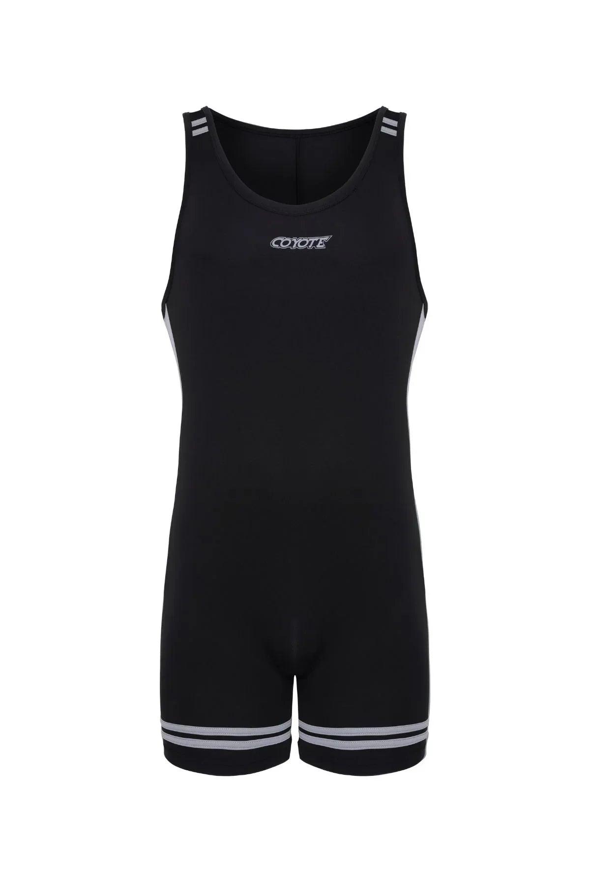 Jet black men's singlet sportswear with silver stripes and logo detail on front