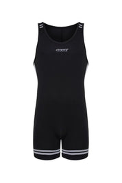 Jet black men's singlet sportswear with silver stripes and logo detail on front
