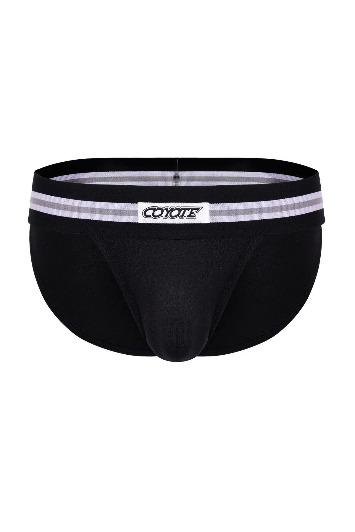 Jet black men's sport brief with gray striped waistband and logo patch, front view