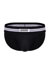 Jet black men's sport brief with gray striped waistband and logo patch, front view