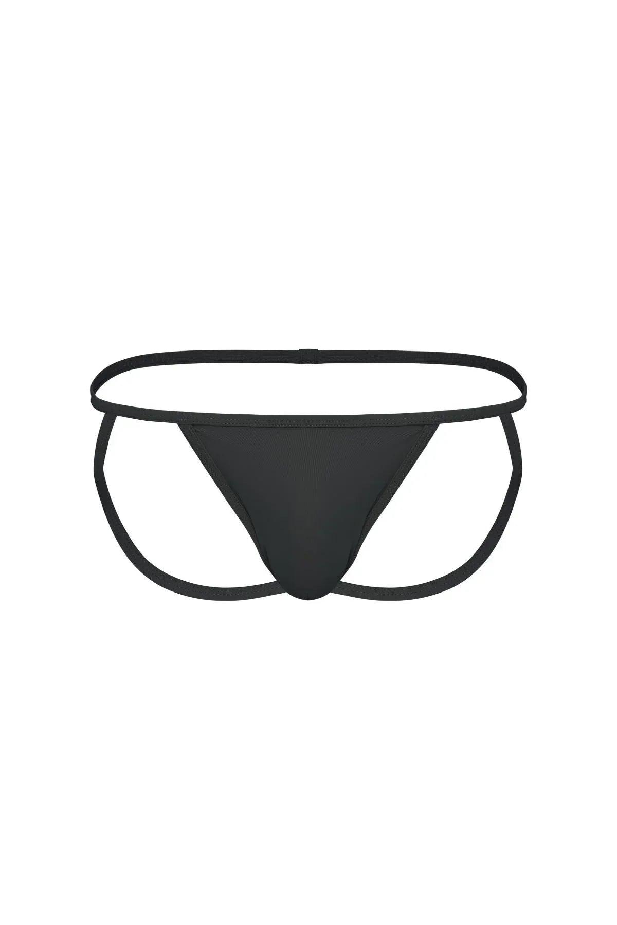 Men’s black micro jockstrap underwear with thin straps and minimal coverage on white background