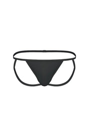 Men’s black micro jockstrap underwear with thin straps and minimal coverage on white background