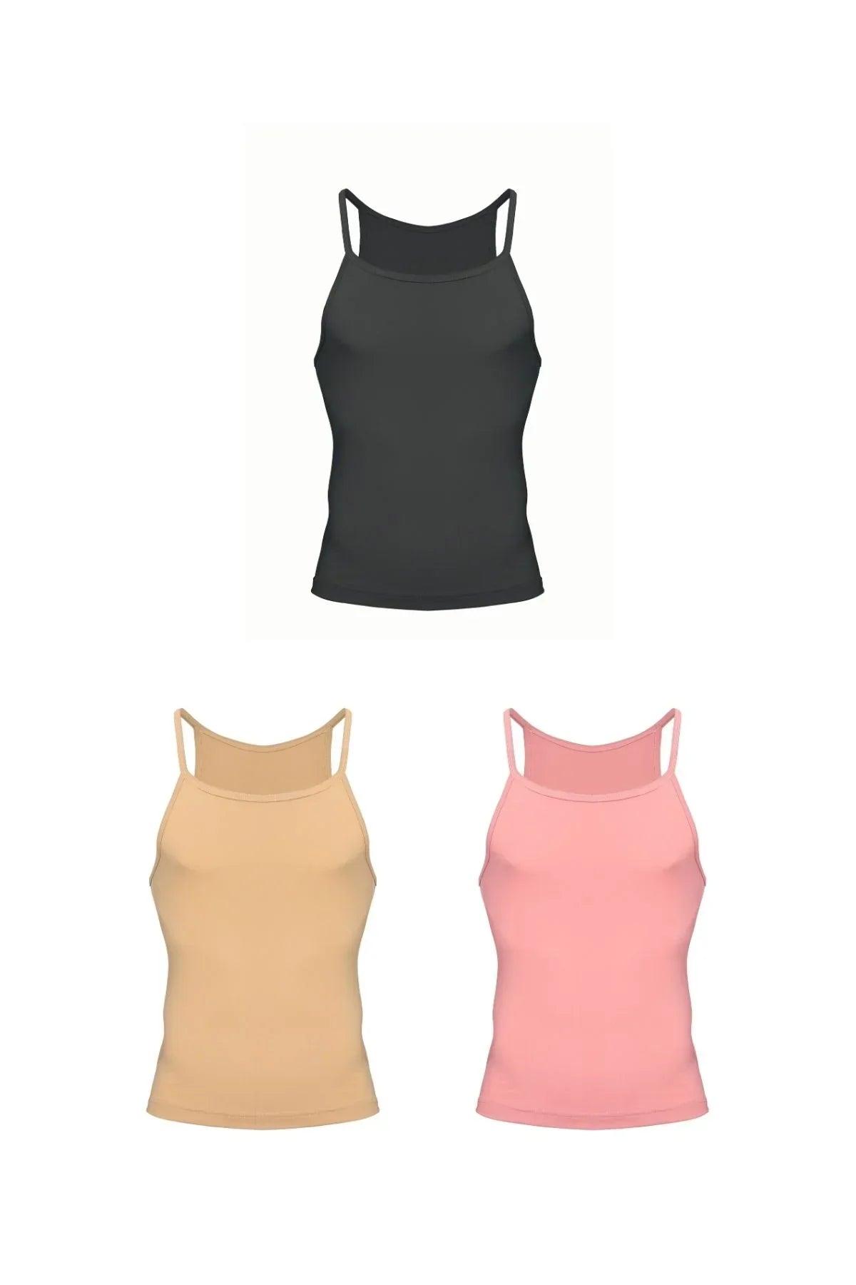 Three fitted men's tank tops in black, beige, and pink with thin straps, front view