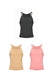 Three fitted men's tank tops in black, beige, and pink with thin straps, front view