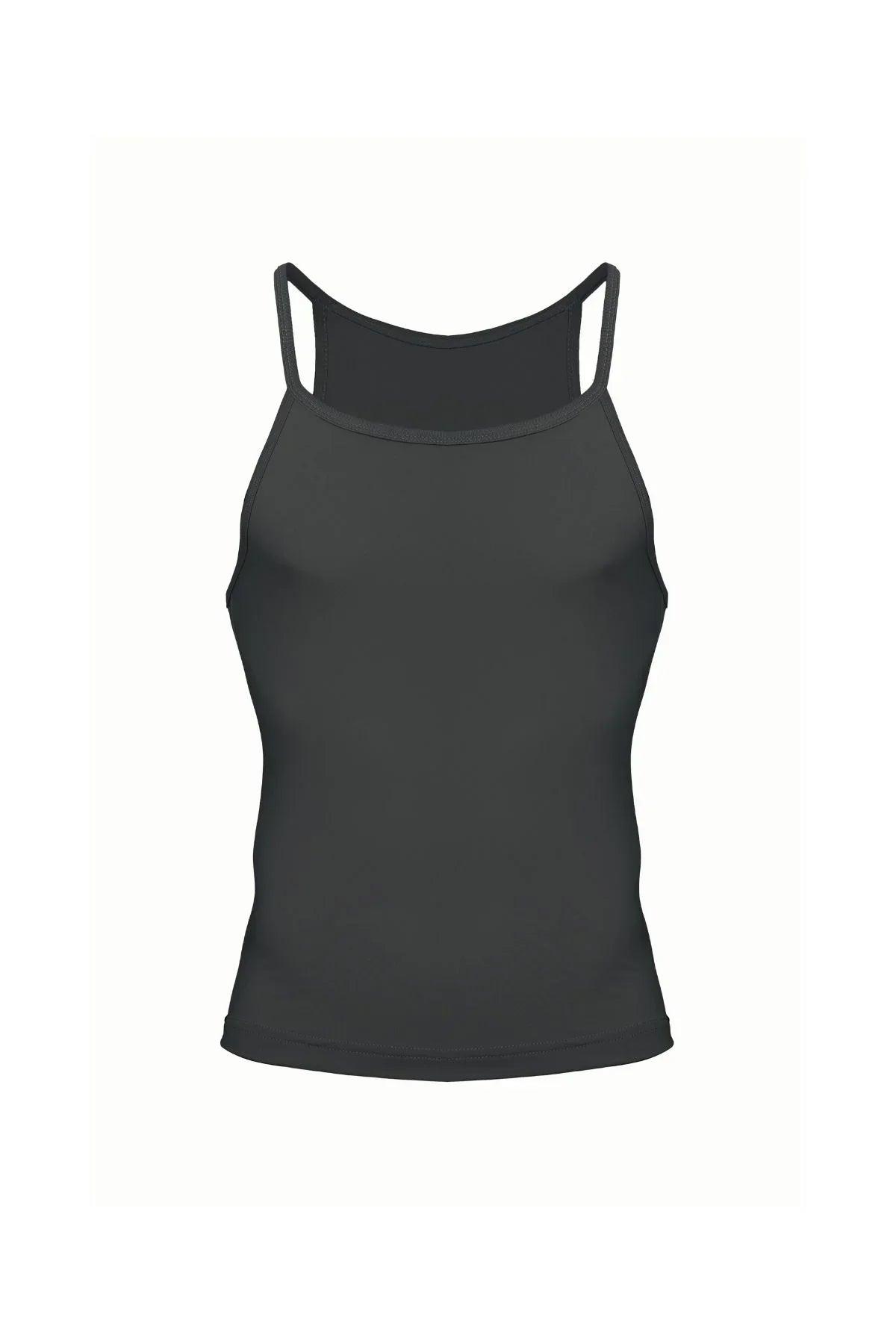 Men's micro tank top in vintage black with thin straps, athletic fit, isolated on white background