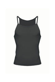 Men's micro tank top in vintage black with thin straps, athletic fit, isolated on white background