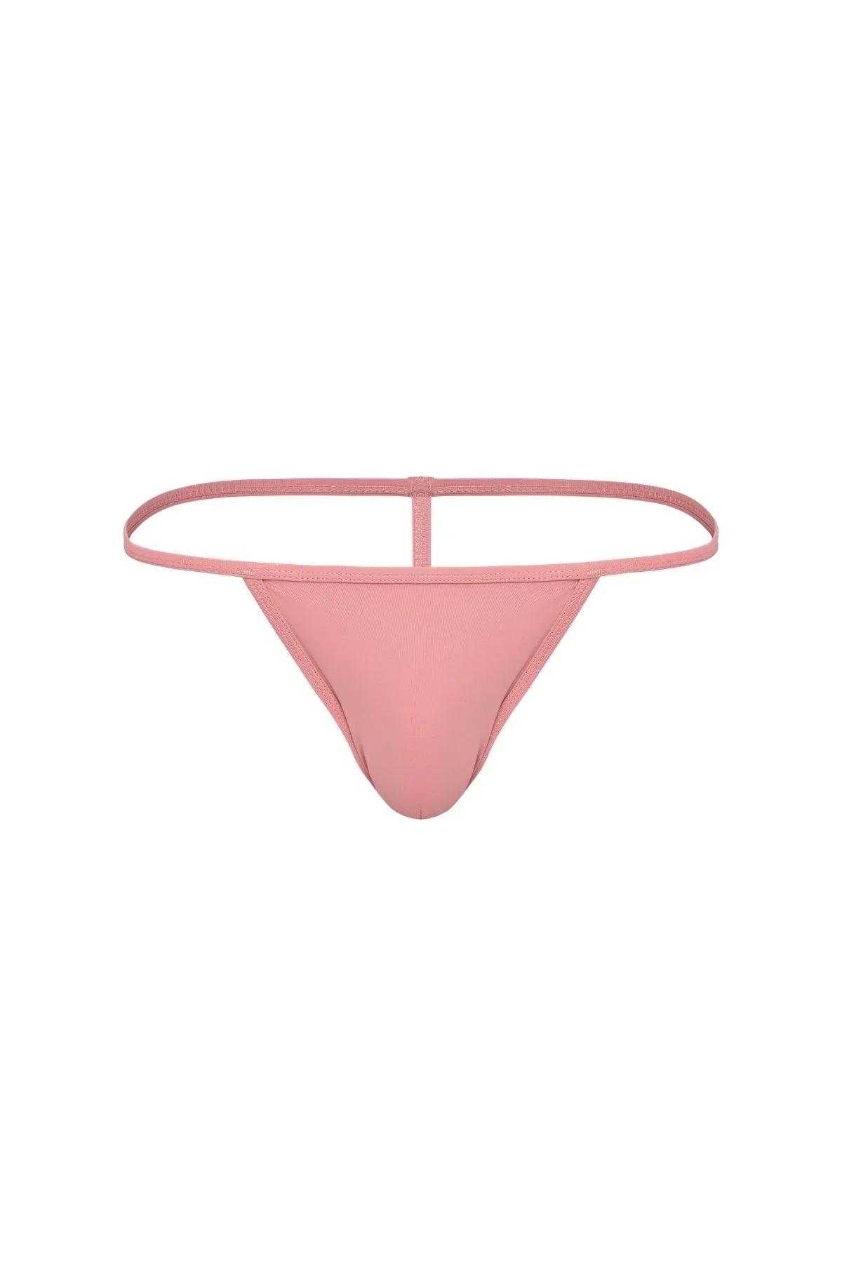 Dusty rose micro thong underwear with minimal straps, front view on white background