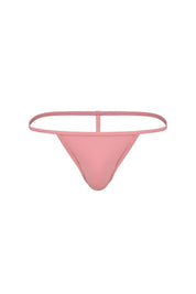 Dusty rose micro thong underwear with minimal straps, front view on white background