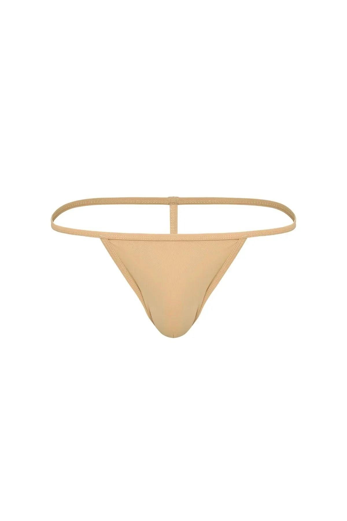 Beige micro thong underwear with thin waistband, minimal men’s intimate apparel