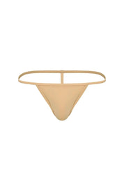 Beige micro thong underwear with thin waistband, minimal men’s intimate apparel