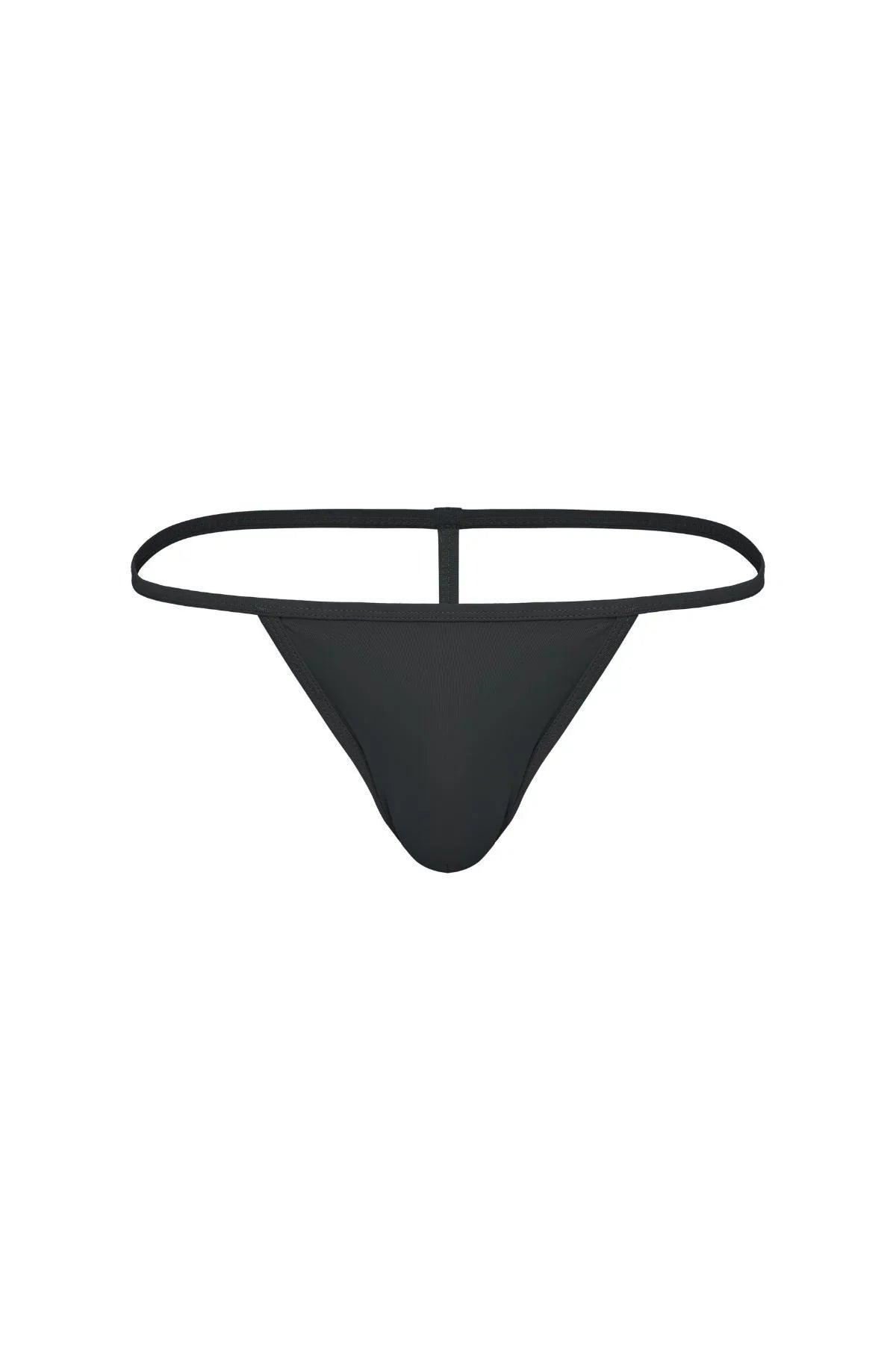 Men's black micro thong underwear with minimal coverage and thin waistband on white background