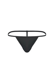 Men's black micro thong underwear with minimal coverage and thin waistband on white background