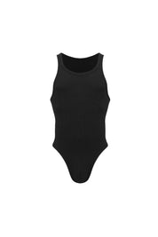 Black men's ribbed bodysuit with tank top style and high-cut leg on white background