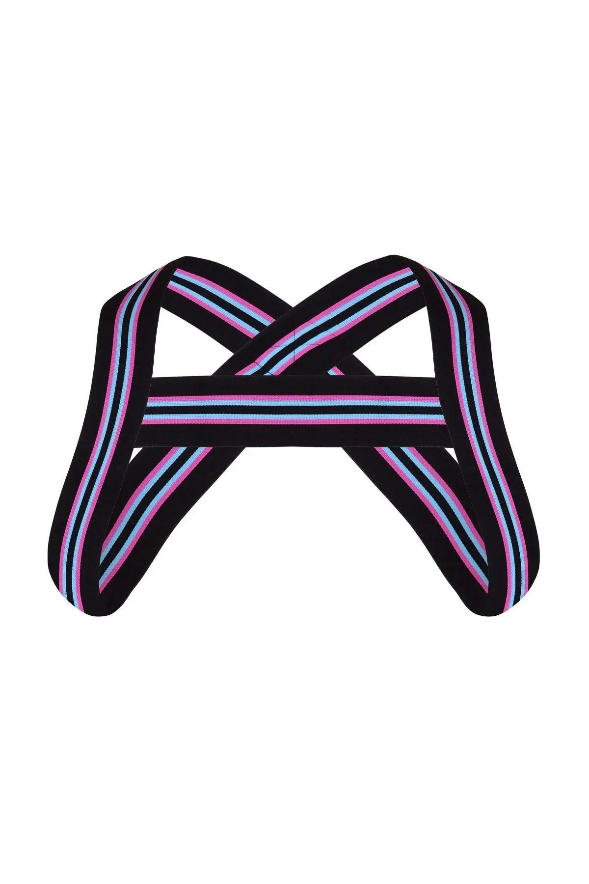 Black chest harness with pink and blue neon stripes, crisscross design, on white background