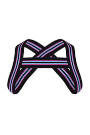 Black chest harness with pink and blue neon stripes, crisscross design, on white background
