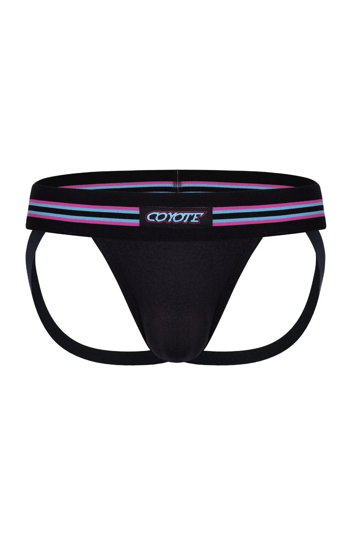 Black men's jockstrap with blue and pink striped waistband and exposed back straps