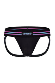 Black men's jockstrap with blue and pink striped waistband and exposed back straps