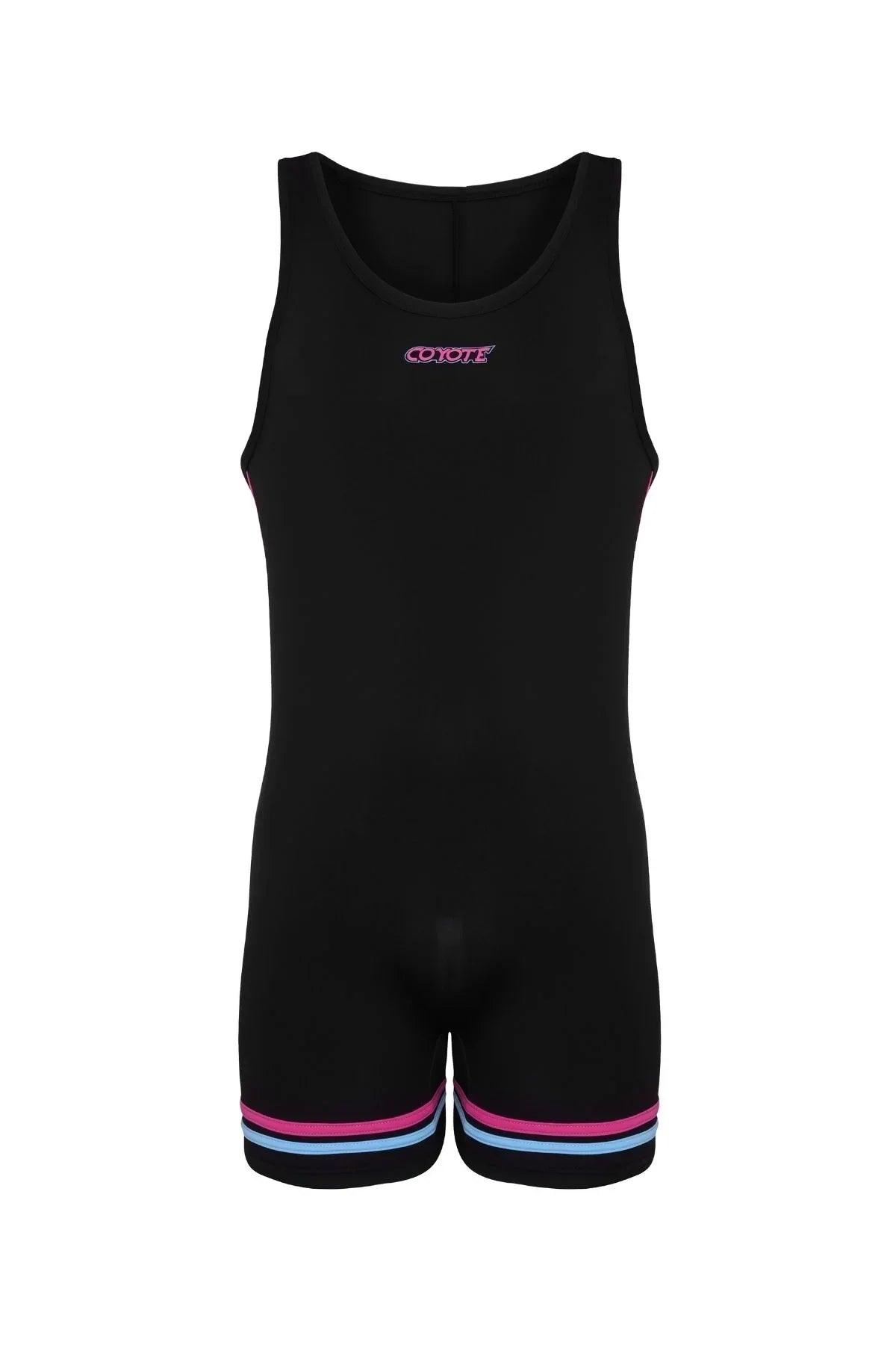 Black men's singlet with pink and blue trim, athletic fit, front logo, sportswear style