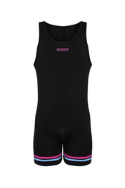 Black men's singlet with pink and blue trim, athletic fit, front logo, sportswear style