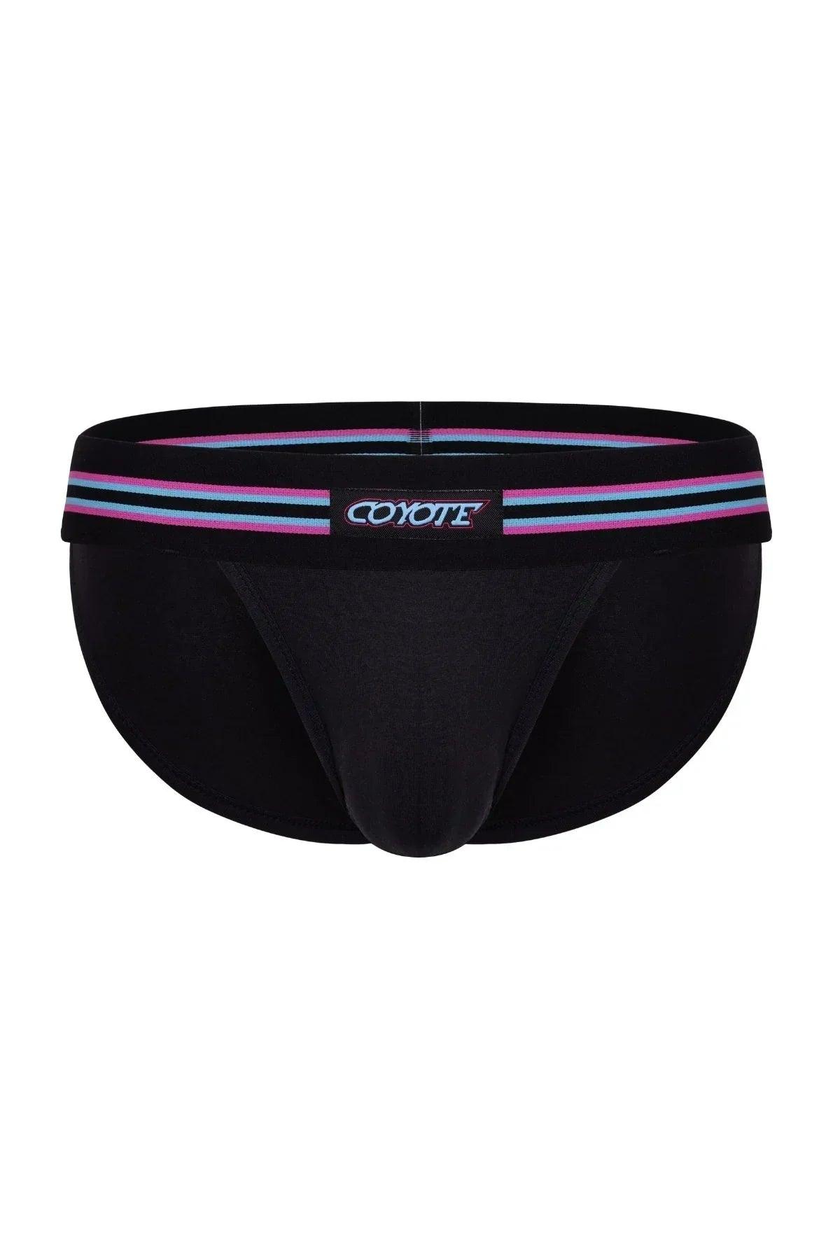 Black sport brief underwear with neon blue and pink striped waistband and front pouch