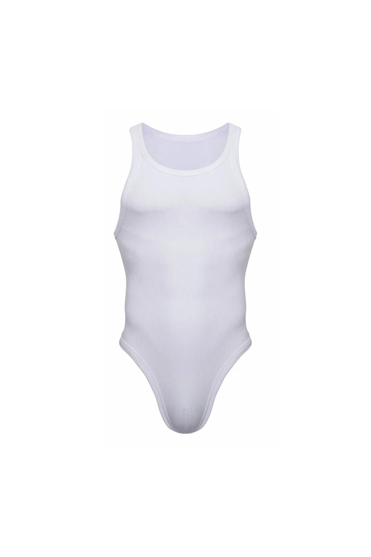 Men's ribbed white bodysuit with tank top style and high-cut leg, isolated on white