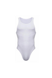 Men's ribbed white bodysuit with tank top style and high-cut leg, isolated on white