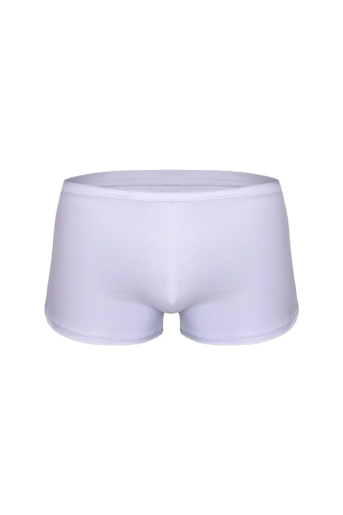 Men's fresh white trunk underwear with raw edge design, shown on a plain background.