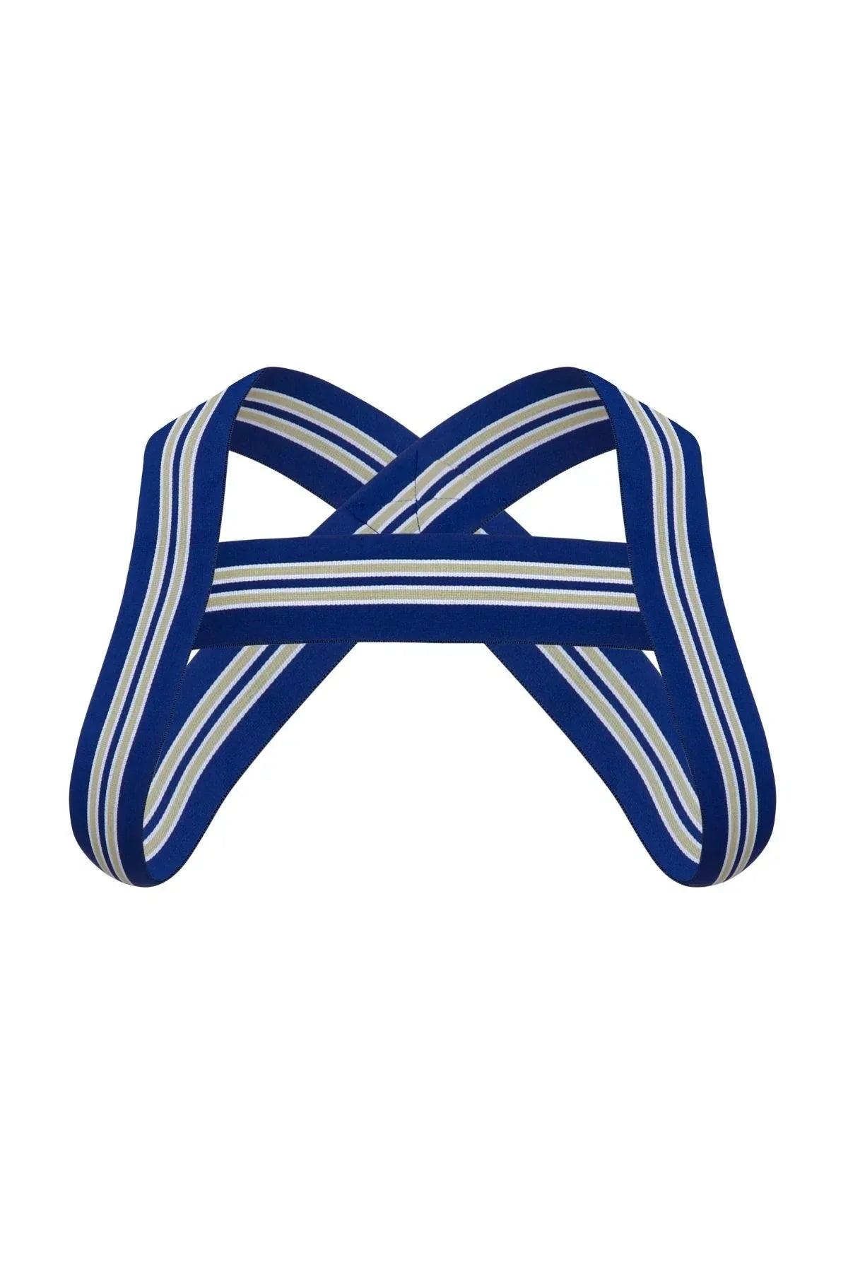Royal blue harness with white and gray stripes, crisscross design, men's fashion accessory